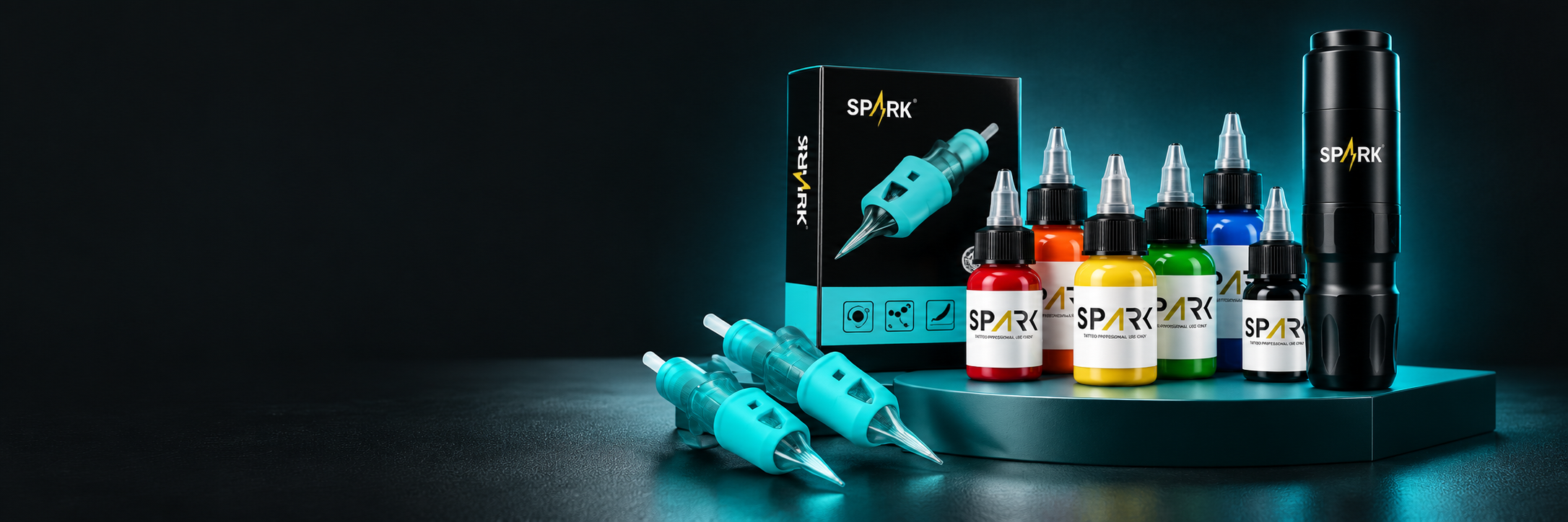 Composición promocional de cartuchos, tintas y máquina de tatuaje SPARK